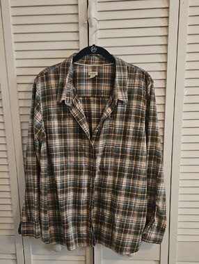 L.L. Bean Green, Cream and Blue Plaid Women's Button-Down Shirt